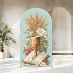 Lofaris First Holy Communion Arch Backdrop Religious Stained Glass Golden Chalice and Grapes Party Decor
