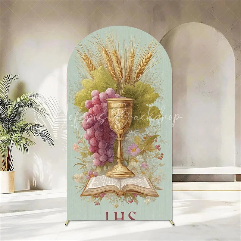 Lofaris First Holy Communion Arch Backdrop Religious Stained Glass Golden Chalice and Grapes Party Decor