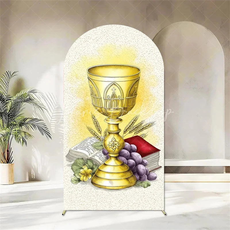Lofaris First Holy Communion Arch Backdrop Religious Stained Glass Golden Chalice and Grapes Party Decor