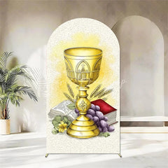 Lofaris First Holy Communion Arch Backdrop Religious Stained Glass Golden Chalice and Grapes Party Decor