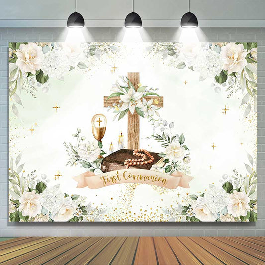 Lofaris First Holy Communion Photography Backdrop White Floral Cross and Greenery God Bless Baptism Photo Prop Decor