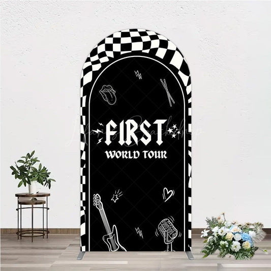 Lofaris First World Tour Rock Star Birthday Arch Backdrop Black and White Checkered Music Theme Band Photo Booth Decor