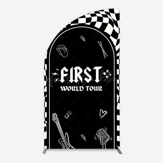 Lofaris First World Tour Rock Star Birthday Half Moon Arch Backdrop Black and White Checkered Music Theme Band Photo Booth Decor