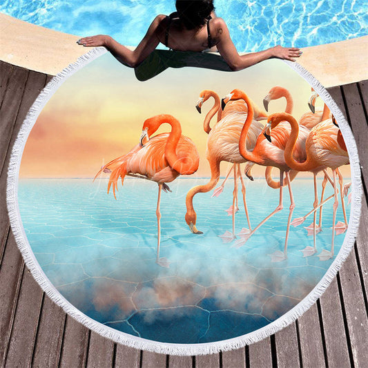 Lofaris Flamingo Sunset Heaven Sweet Scene Round Beach Towel