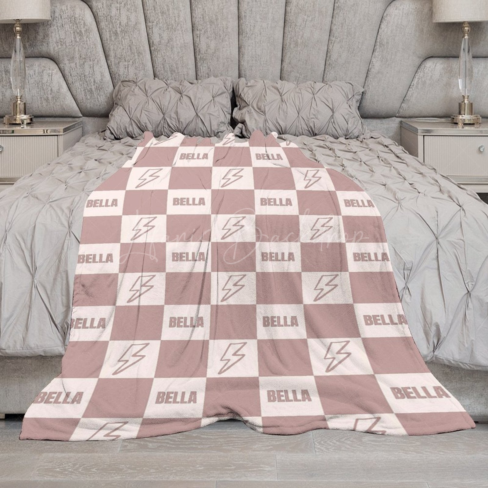 Lofaris Flesh Pink Lightning Icon Plaid Custom Name Blanket