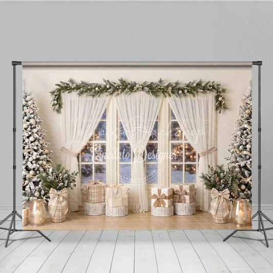 Lofaris Flocked Christmas Trees and Snowy Window Holiday Backdrop Cozy Winter Scene with Gifts Warm Lights
