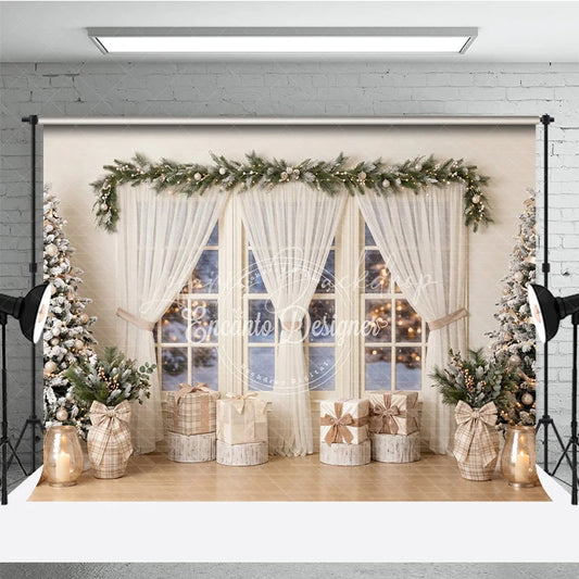 Lofaris Flocked Christmas Trees and Snowy Window Holiday Backdrop Cozy Winter Scene with Gifts Warm Lights
