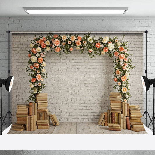 Lofaris Floral Arch Books White Brick Wall Wedding Backdrop