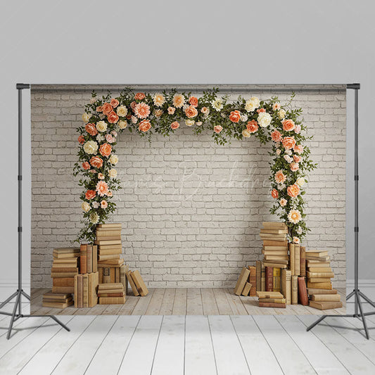 Lofaris Floral Arch Books White Brick Wall Wedding Backdrop