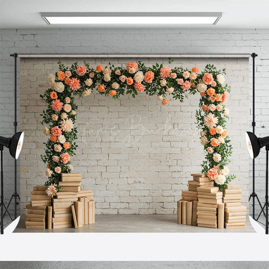 Lofaris Floral Arch White Bricks Wall Books Wedding Backdrop