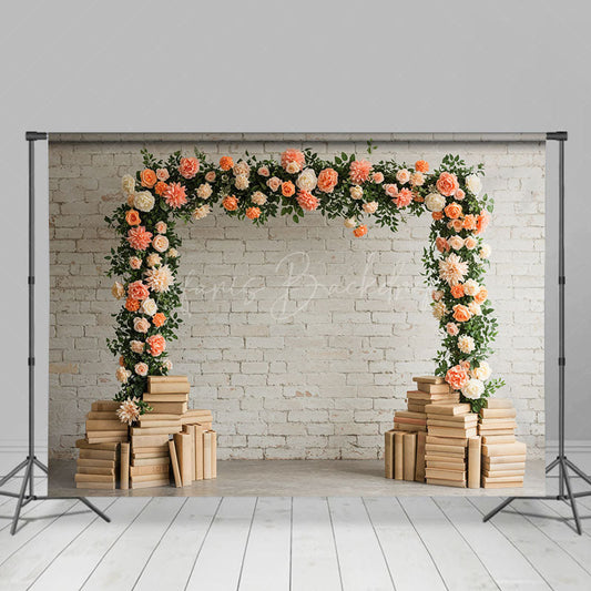Lofaris Floral Arch White Bricks Wall Books Wedding Backdrop