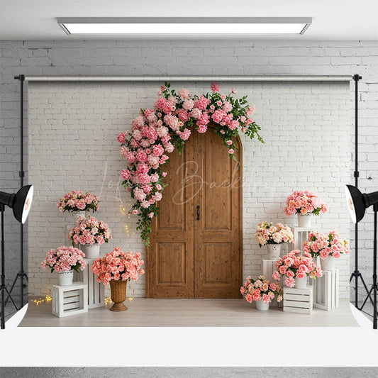 Lofaris Floral Arch Wooden Door White Brick Wedding Backdrop