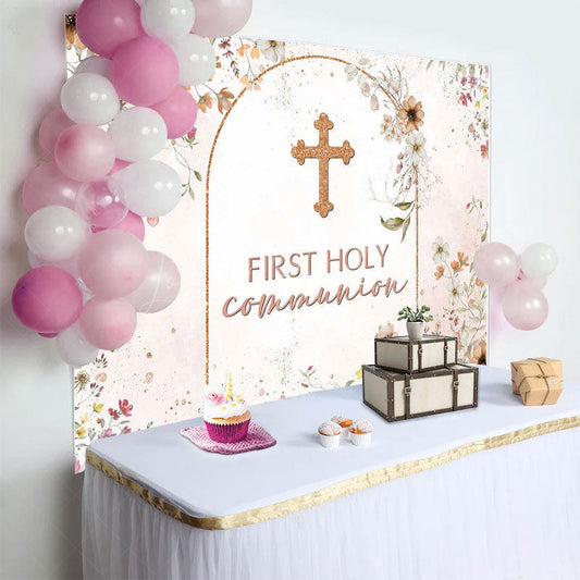 Lofaris Floral Autumn Pink First Holy Communion Backdrop