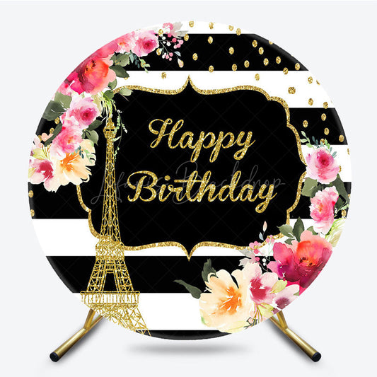 Lofaris Floral Black White Paris Circle Birthday Backdrop