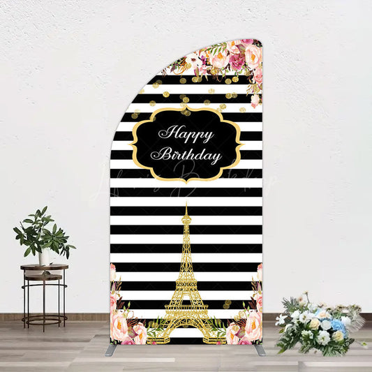 Lofaris Floral Black White Stripe Tower Birthday Half Moon Arch Backdrop