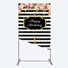 Lofaris Floral Black White Stripe Tower Birthday Rectangle Backdrop