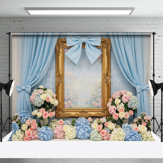 Lofaris Floral Blue Curtain Bows Sweet Wedding Backdrop