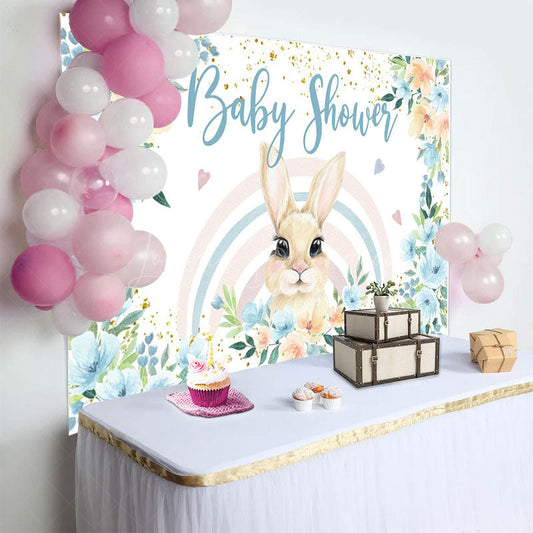Lofaris Floral Blue Rainbow Bunny Heart Baby Shower Backdrop