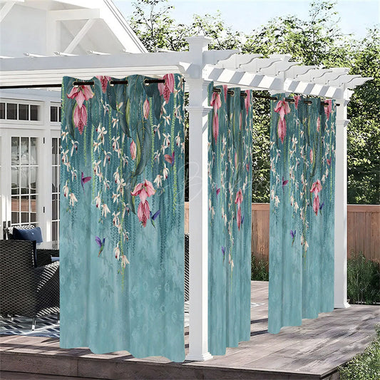 Lofaris Floral Blue Wall Waterproof Printed Outdoor Curtains