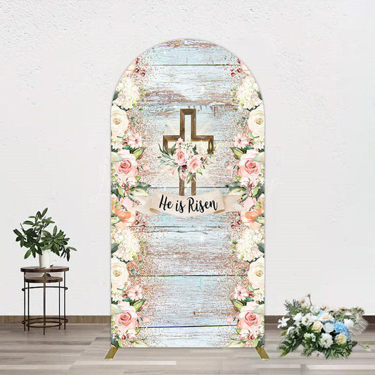 Lofaris Floral Blue Wooden He Is Risen Easter Arch Backdrop