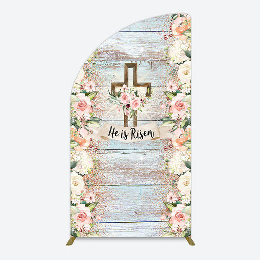 Lofaris Floral Blue Wooden He Is Risen Easter Half Moon Arch Backdrop