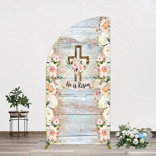 Lofaris Floral Blue Wooden He Is Risen Easter Half Moon Arch Backdrop