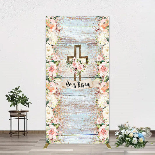 Lofaris Floral Blue Wooden He Is Risen Easter Rectangle Backdrop