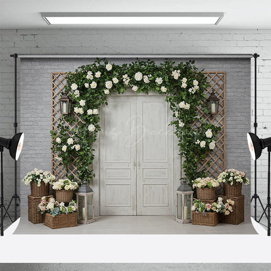 Lofaris Floral Boho Arch Door Grey Brick Wedding Backdrop