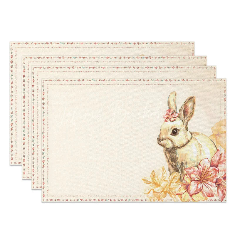 Lofaris Floral Border Easter Bunny Set of 4 Placemats Cute Rabbit Pink Flower Table Mats for Spring