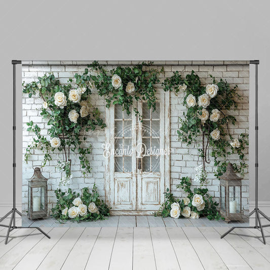 Lofaris Floral Brick Wall White Door Spring Photo Backdrop