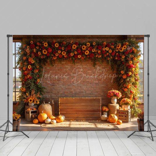 Lofaris Floral Bricks Room Pumpkins Autumn Vibe Photo Backdrop