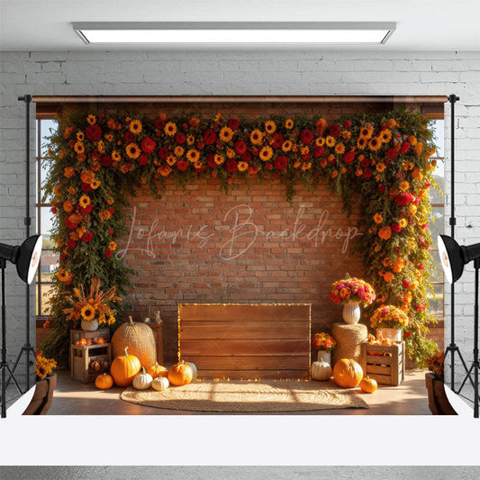 Lofaris Floral Bricks Room Pumpkins Autumn Vibe Photo Backdrop