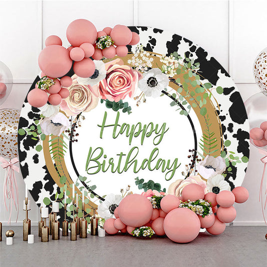 Lofaris Floral Cow Pattern Circle Happy Birthday Backdrop