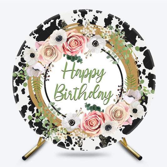 Lofaris Floral Cow Pattern Circle Happy Birthday Backdrop