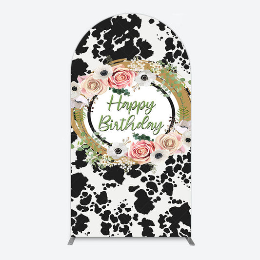 Lofaris Floral Cow Pattern Sweet Happy Birthday Arch Backdrop