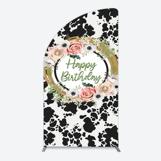 Lofaris Floral Cow Pattern Sweet Happy Birthday Half Moon Arch Backdrop