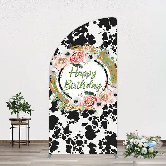 Lofaris Floral Cow Pattern Sweet Happy Birthday Half Moon Arch Backdrop
