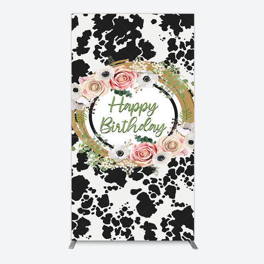 Lofaris Floral Cow Pattern Sweet Happy Birthday Rectangle Backdrop