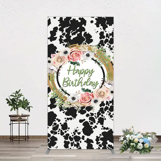 Lofaris Floral Cow Pattern Sweet Happy Birthday Rectangle Backdrop