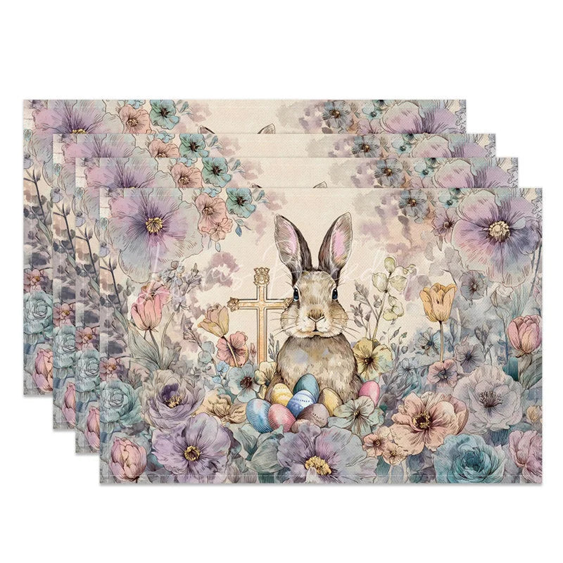 Lofaris Floral Cross Easter Bunny Set of 4 Placemats Colorful Egg Rabbit Religious Table Mats for Spring