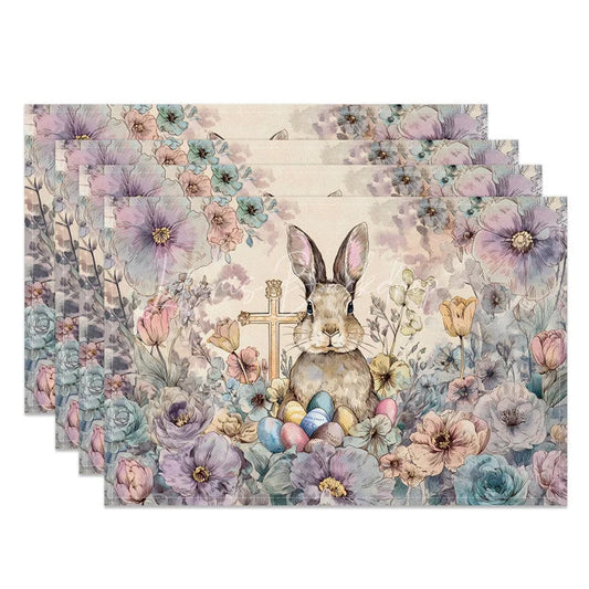 Lofaris Floral Cross Easter Bunny Set of 4 Placemats Colorful Egg Rabbit Religious Table Mats for Spring