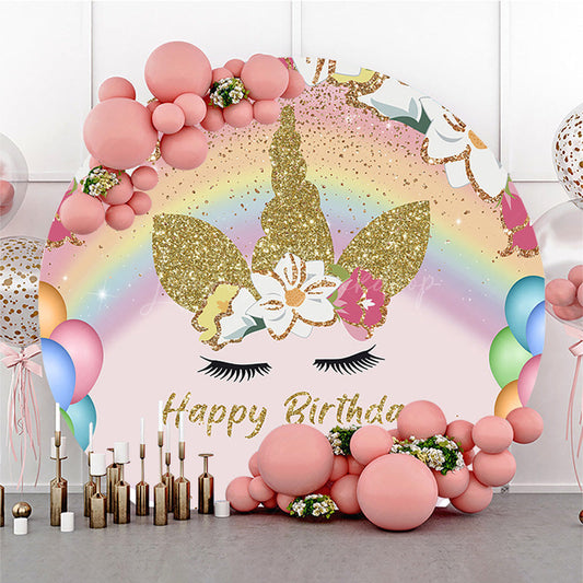 Lofaris Floral Cute Balloon Unicorn Round Birthday Backdrop