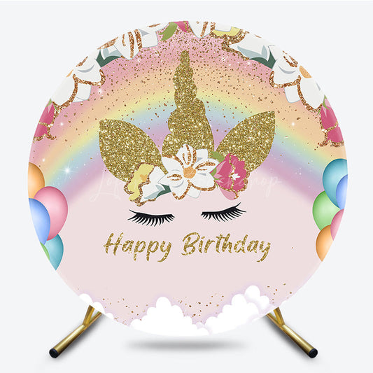 Lofaris Floral Cute Balloon Unicorn Round Birthday Backdrop