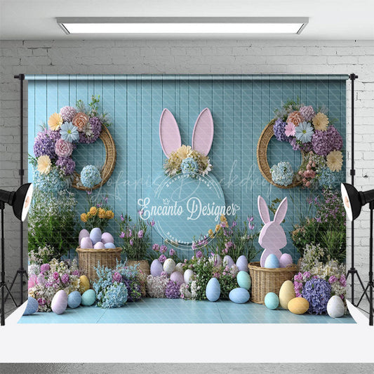Lofaris Floral Decor Blue Wall Eggs Bunny Easter Backdrop