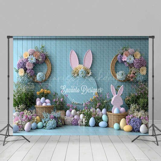 Lofaris Floral Decor Blue Wall Eggs Bunny Easter Backdrop