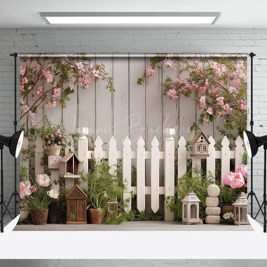 Lofaris Floral Fence Wall In Spring White Photo Backdrop