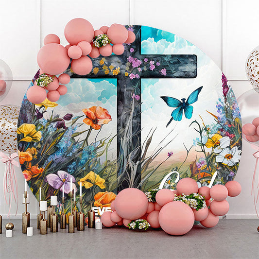 Lofaris Floral Field Butterfly Cross Round Easter Backdrop