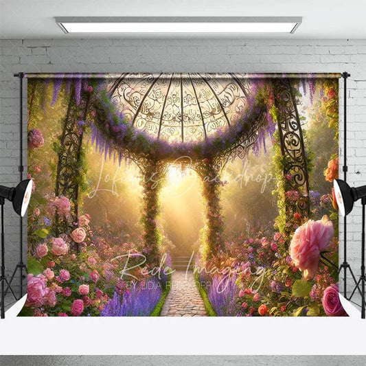 Lofaris Floral Garden Gazebo Backdrop Pink Roses and Purple Flowers Sunlight Photography Background Spring Portrait Props