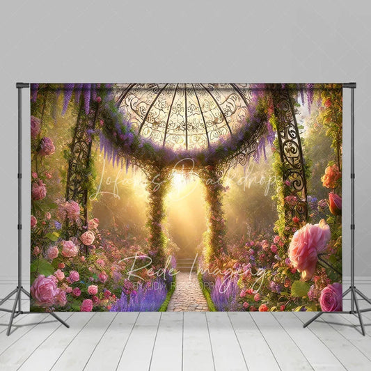 Lofaris Floral Garden Gazebo Backdrop Pink Roses and Purple Flowers Sunlight Photography Background Spring Portrait Props