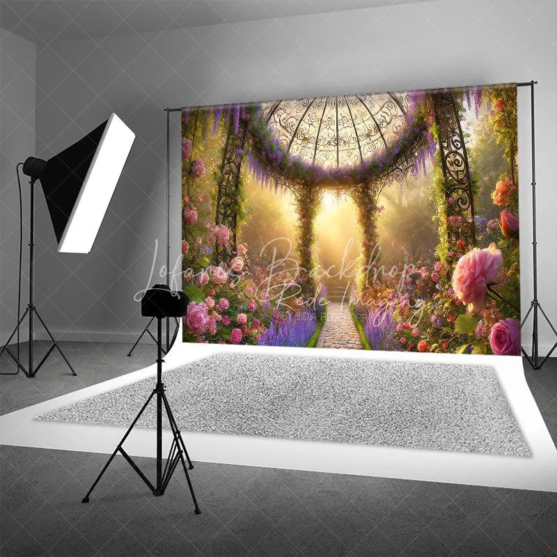 Lofaris Floral Garden Gazebo Backdrop Pink Roses and Purple Flowers Sunlight Photography Background Spring Portrait Props
